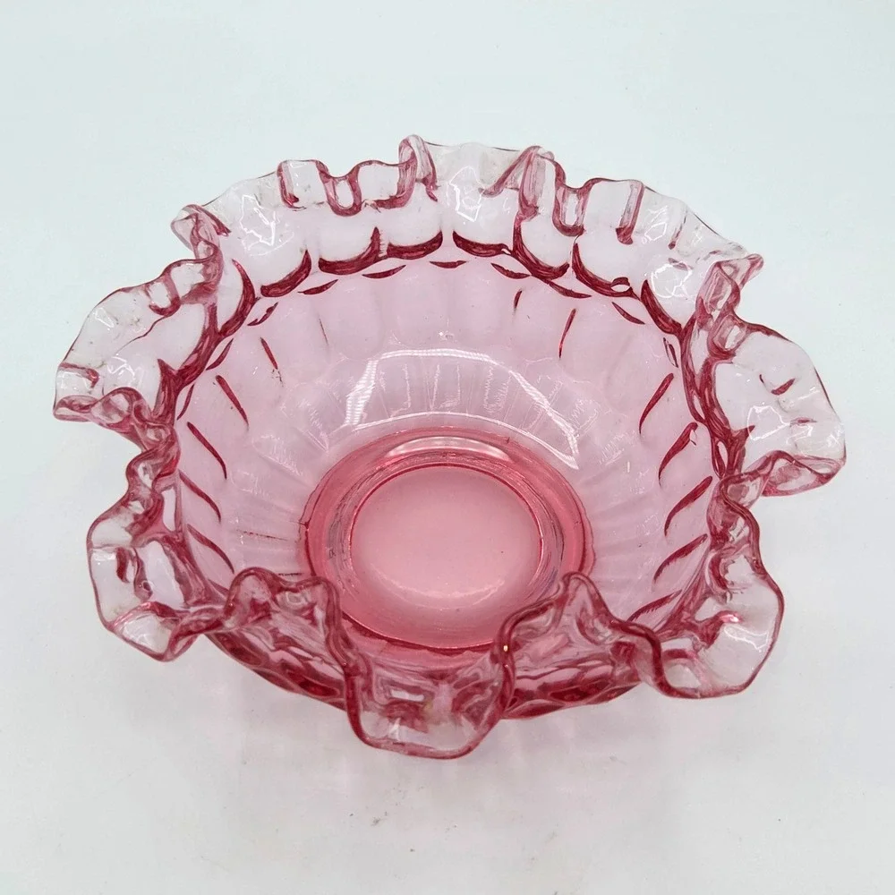 Vintage Fenton Pink Ruffled Edge Thumbprint Footed Bowl 8